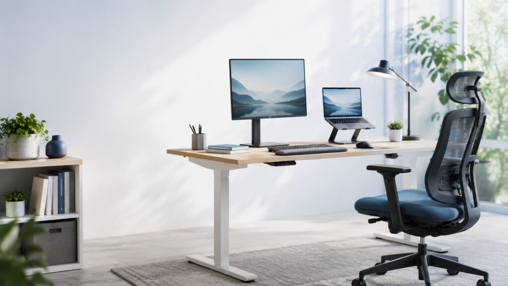 Produkty biurowe i ergonomiczne stanowisko pracy z monitorem, laptopem i fotelem
