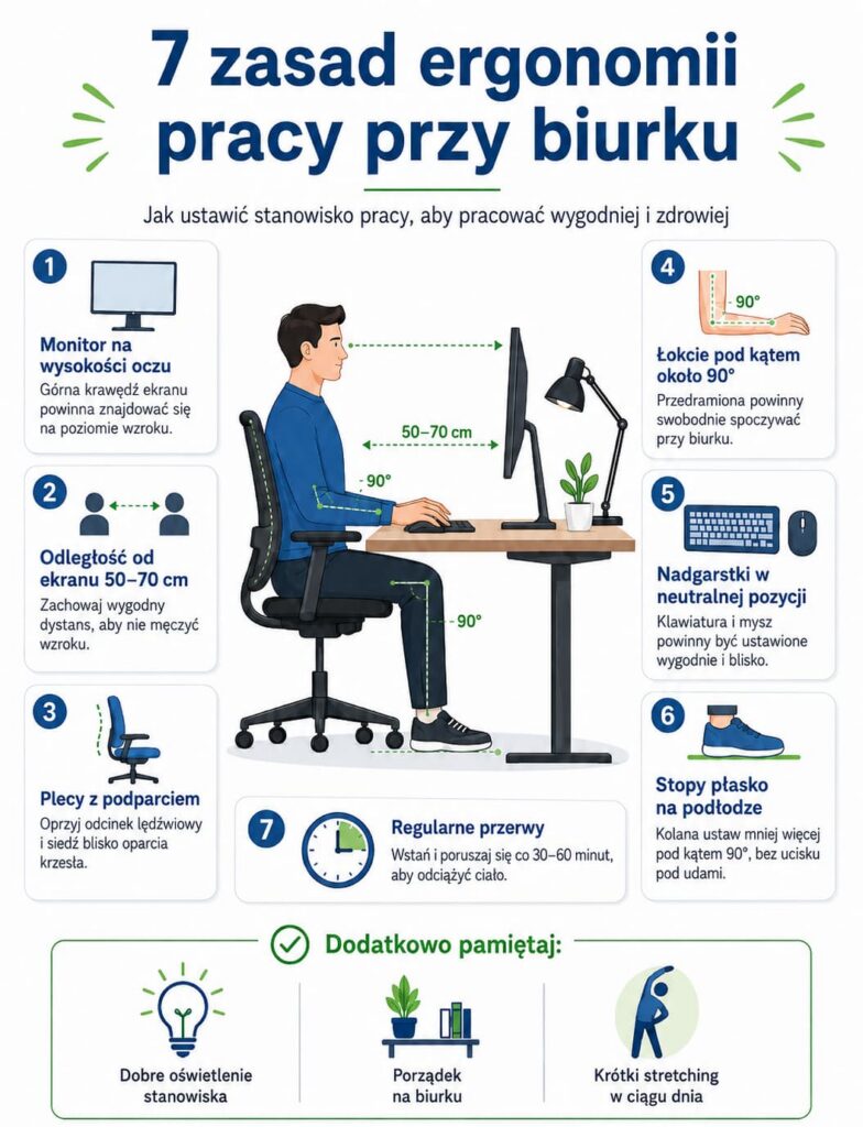 Blog o ergonomii pracy – infografika 7 zasad prawidłowego ustawienia stanowiska przy biurku
