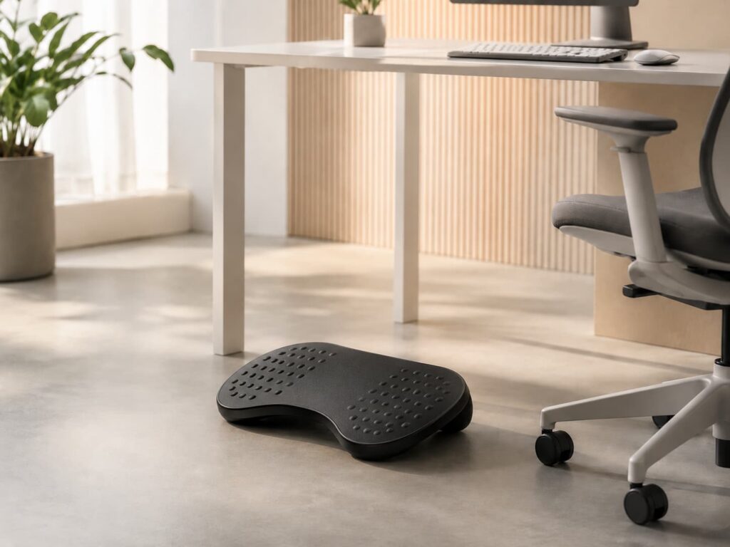 Ergonomiczne produkty biurowe na stanowisku pracy z podnóżkiem pod biurkiem