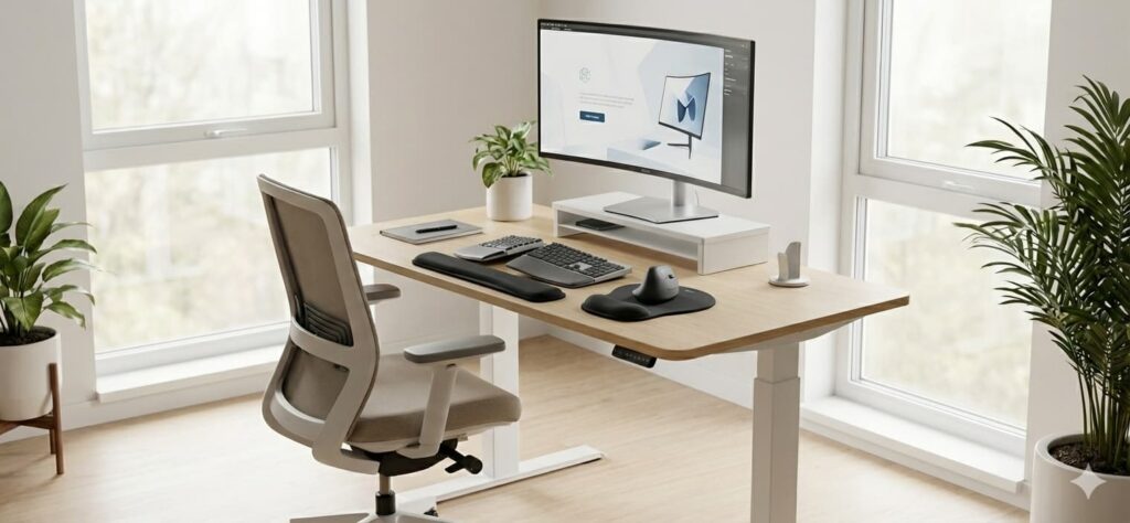 Ergonomiczne produkty biurowe na stanowisku pracy z monitorem, klawiaturą i myszą